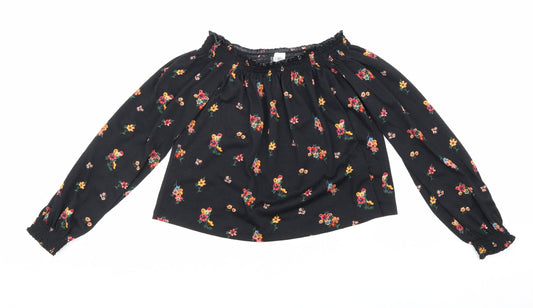 Divided Womens Black Floral Polyester Cropped Blouse Size XS Boat Neck