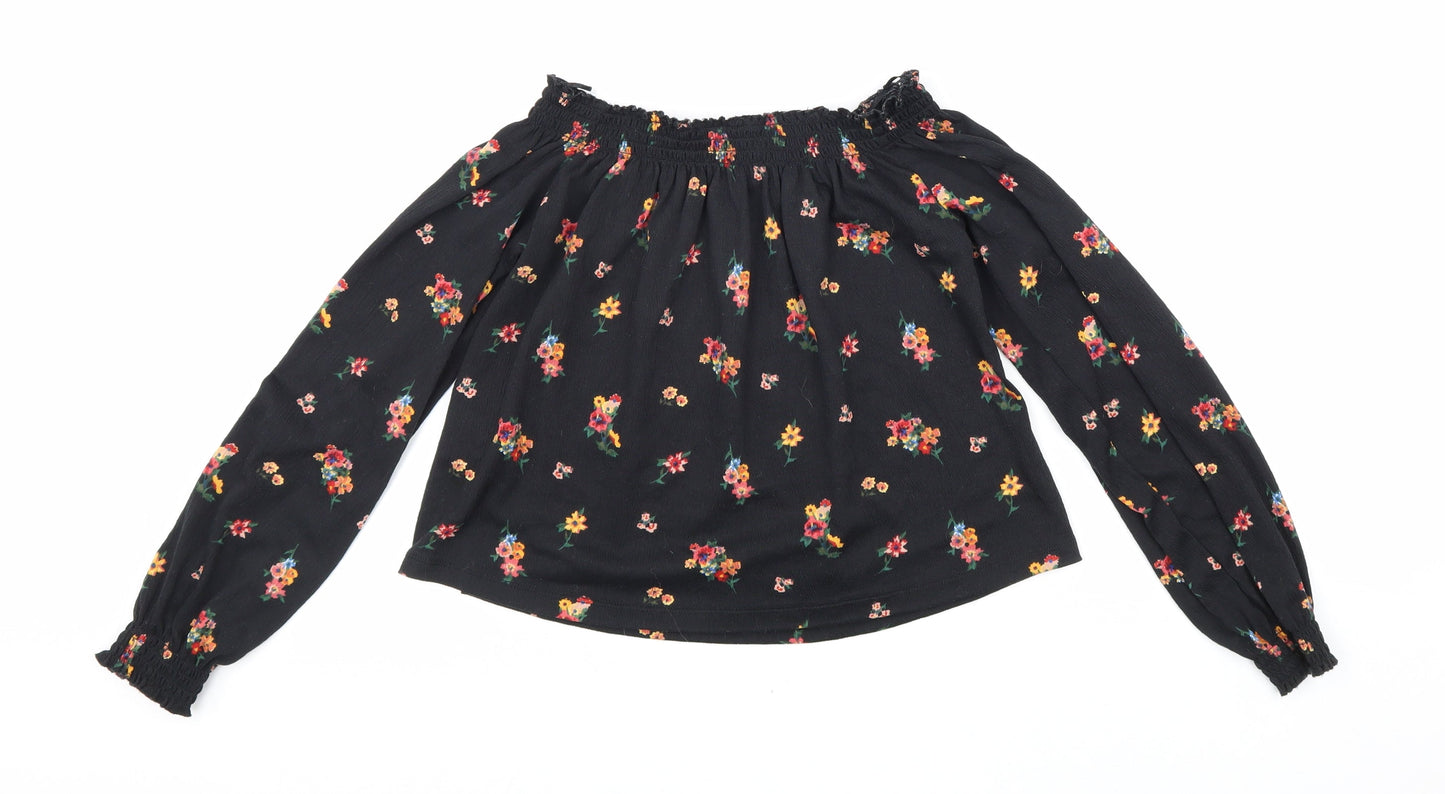 Divided Womens Black Floral Polyester Cropped Blouse Size XS Boat Neck