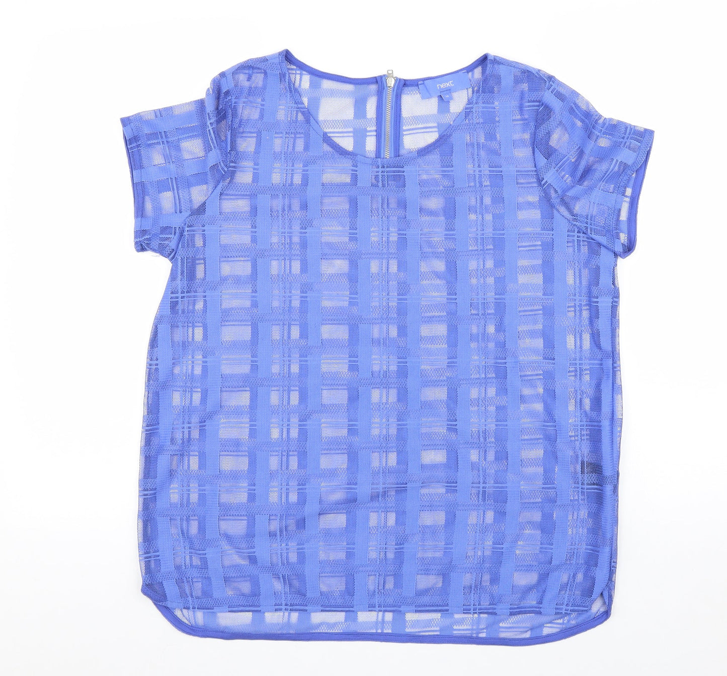 NEXT Womens Blue Plaid Polyester Basic T-Shirt Size 14 Scoop Neck