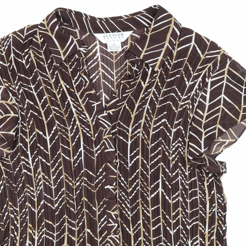 Allison Taylor Womens Brown Geometric Polyester Basic Button-Up Size 2XL Collared