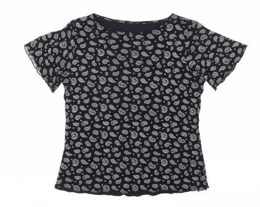 Preworn Womens Black Paisley Nylon Basic T-Shirt Size M Boat Neck