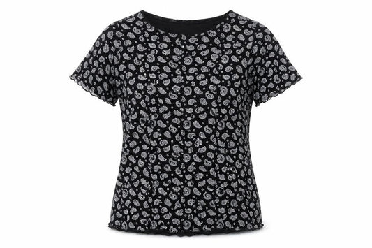 Preworn Womens Black Paisley Nylon Basic T-Shirt Size M Boat Neck
