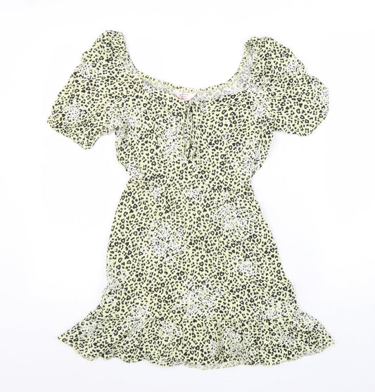 Miss Selfridge Womens Yellow Animal Print Viscose Fit & Flare Size 6 Round Neck Drawstring - Leopard Pattern