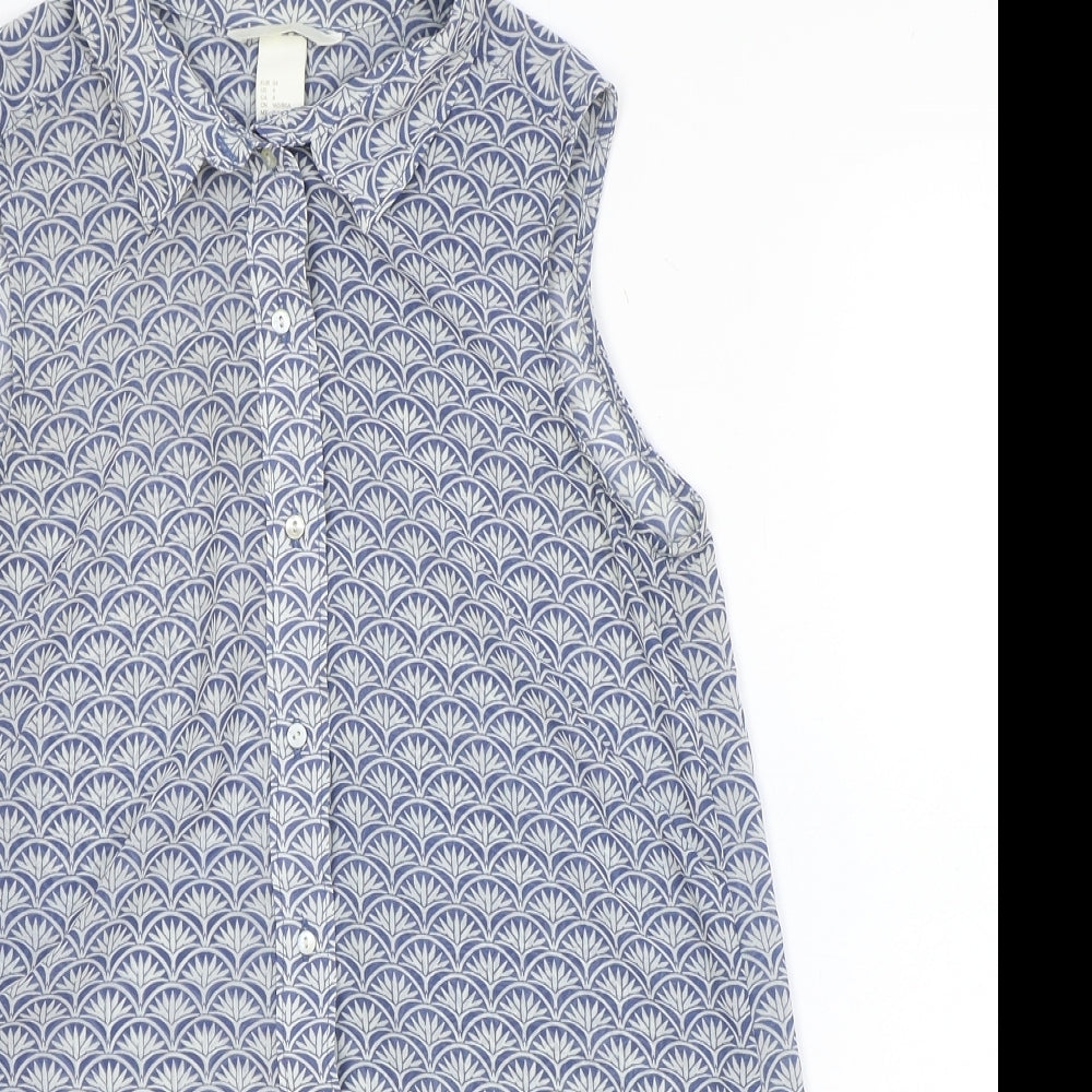 H&M Womens Blue Geometric Polyester Basic Button-Up Size 8 Collared