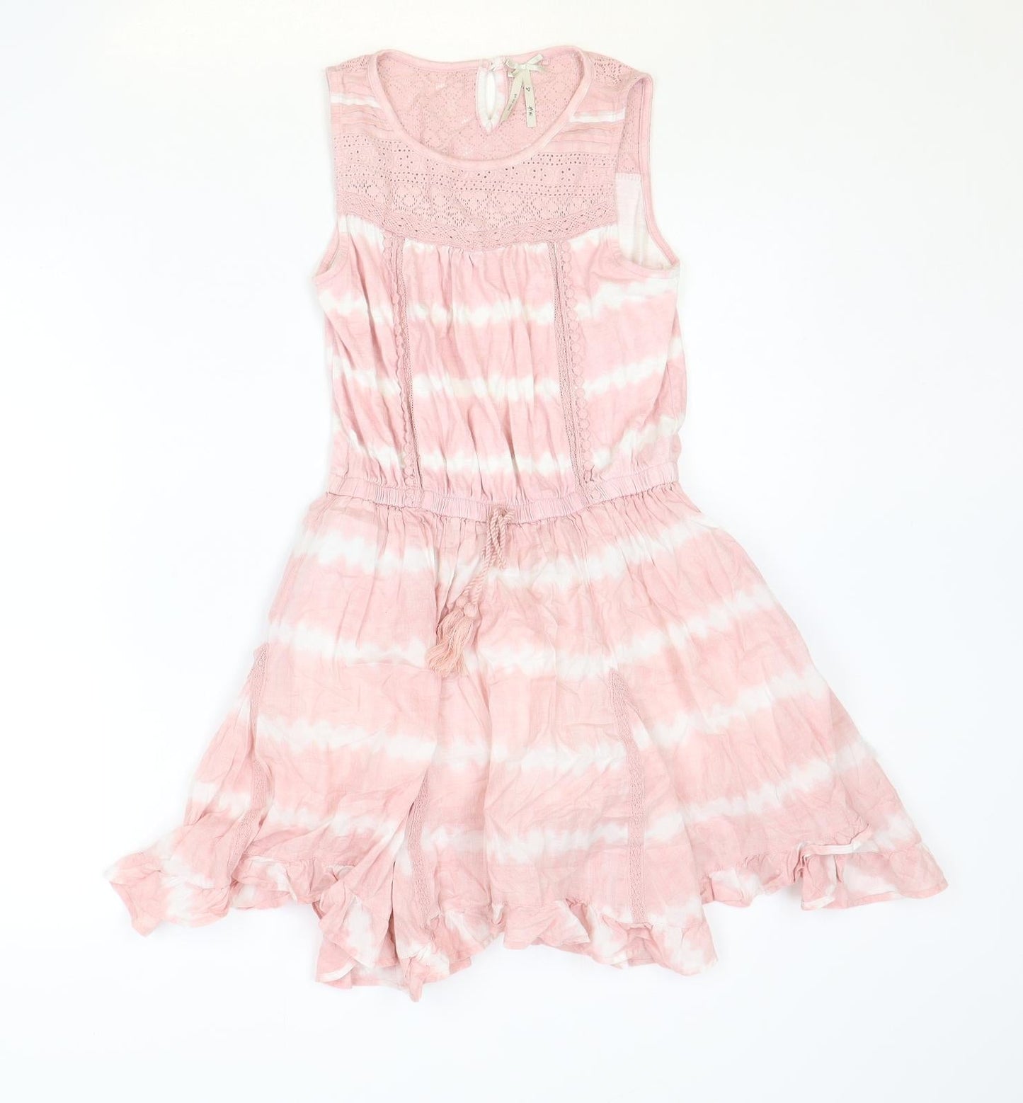 NEXT Girls Pink Tie Dye 100% Cotton Fit & Flare Size 10 Years Boat Neck Button - Crocheted Lace Detail