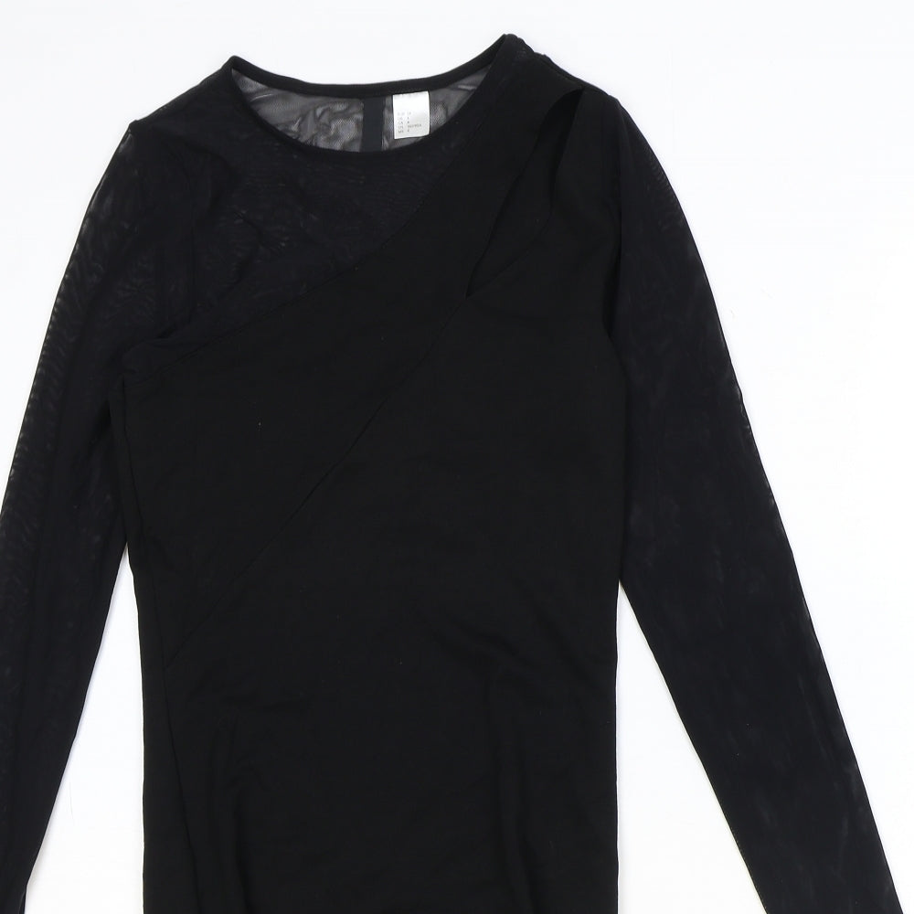 H&M Womens Black Herringbone Polyester A-Line Size 8 Round Neck Pullover