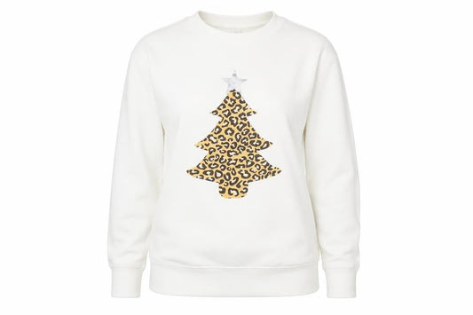 All We Do is Womens White Animal Print Polyester Pullover Sweatshirt Size XS Pullover - Leopard Pattern Christmas Tree