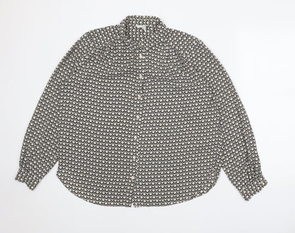H&M Womens Black Geometric Polyester Basic Button-Up Size M Collared