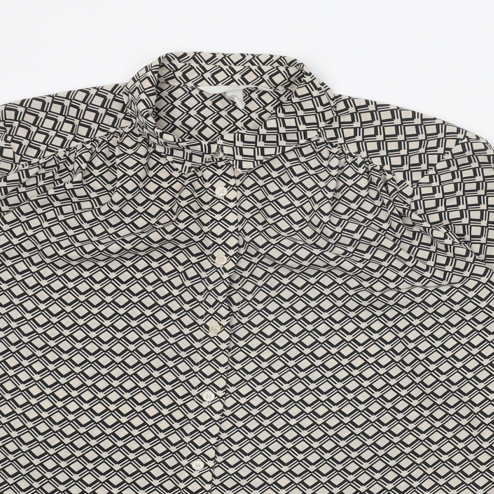 H&M Womens Black Geometric Polyester Basic Button-Up Size M Collared
