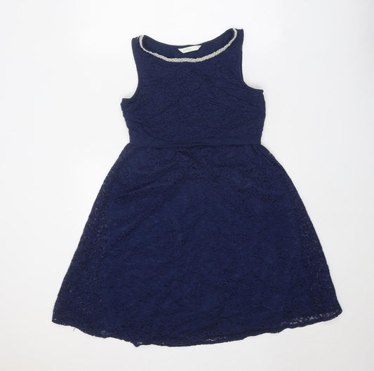 Spring Womens Blue Polyester Fit & Flare Size S Round Neck Zip