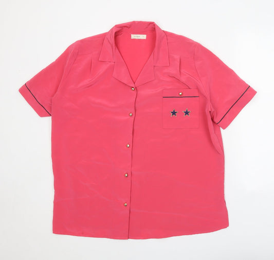 Preworn Womens Pink Viscose Basic Button-Up Size L Collared - Stars