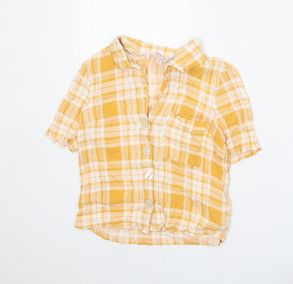 Miss Selfridge Womens Yellow Plaid Viscose Cropped Button-Up Size 6 Collared