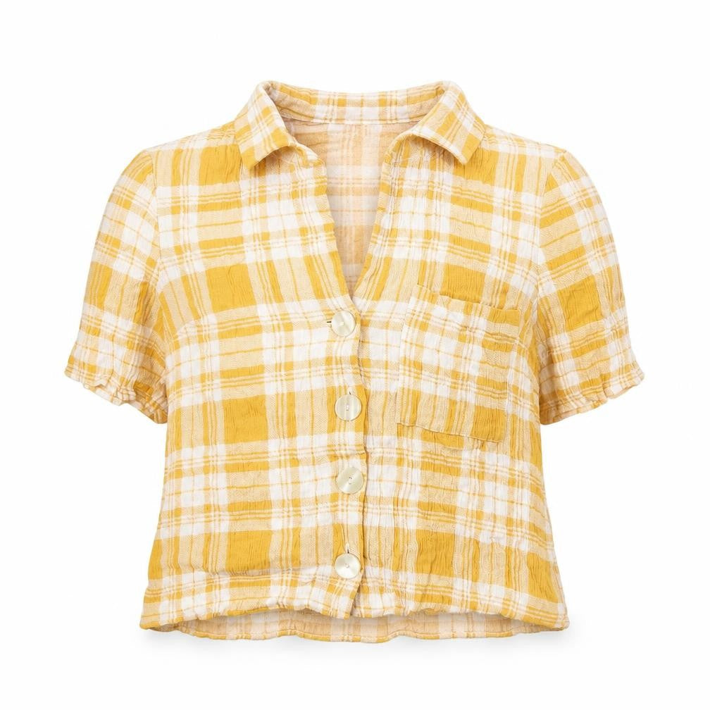 Miss Selfridge Womens Yellow Plaid Viscose Cropped Button-Up Size 6 Collared
