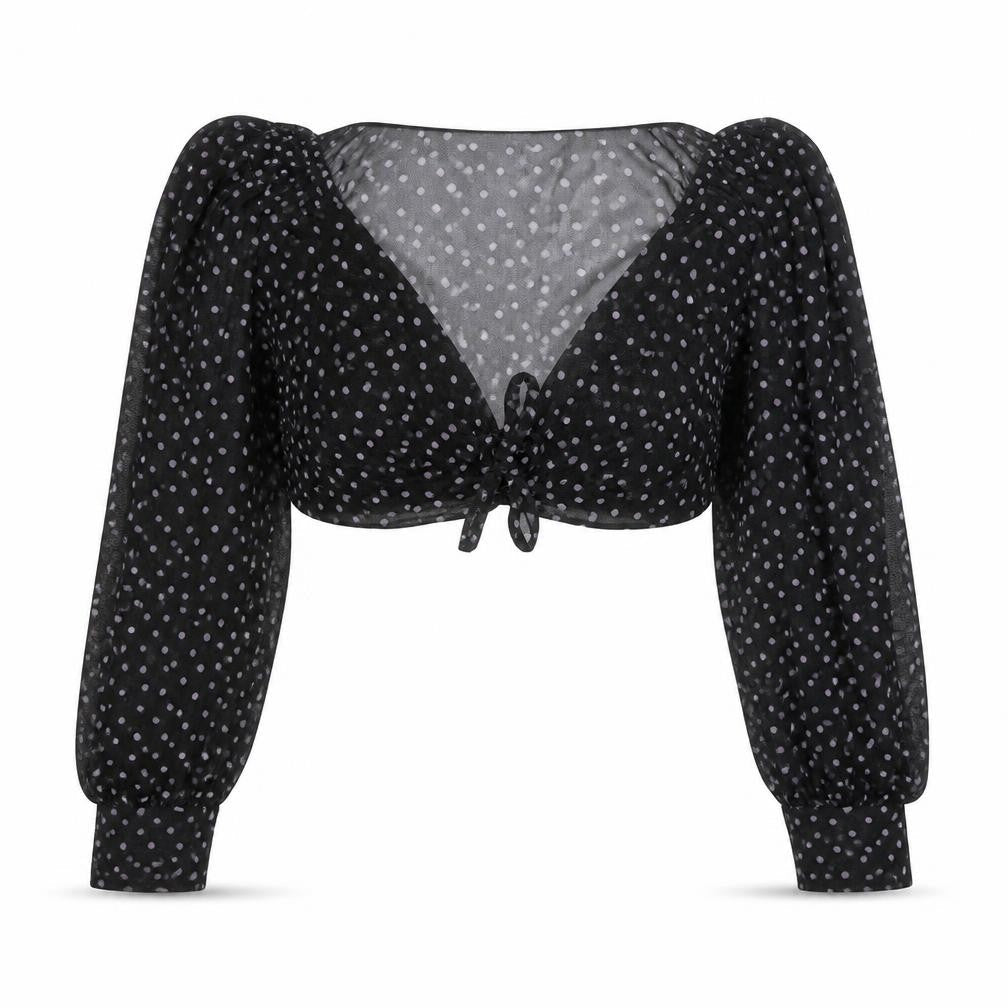 Misspap Womens Black Polka Dot Polyester Cropped Blouse Size 8 V-Neck