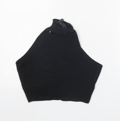 Back view of ASOS women’s black polyester cropped tank, size UK 10, v-neck