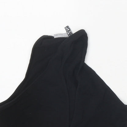 Close-up detail of ASOS women’s black polyester cropped tank, size UK 10, v-neck