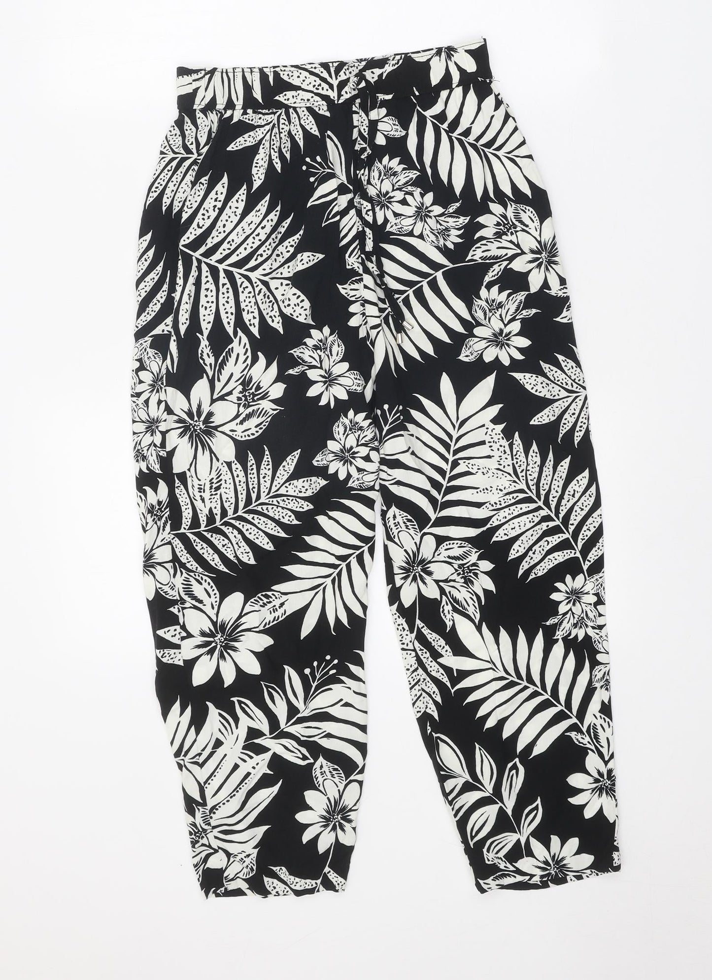 F&F Womens Black Floral Viscose Trousers Size 6 Regular Tie