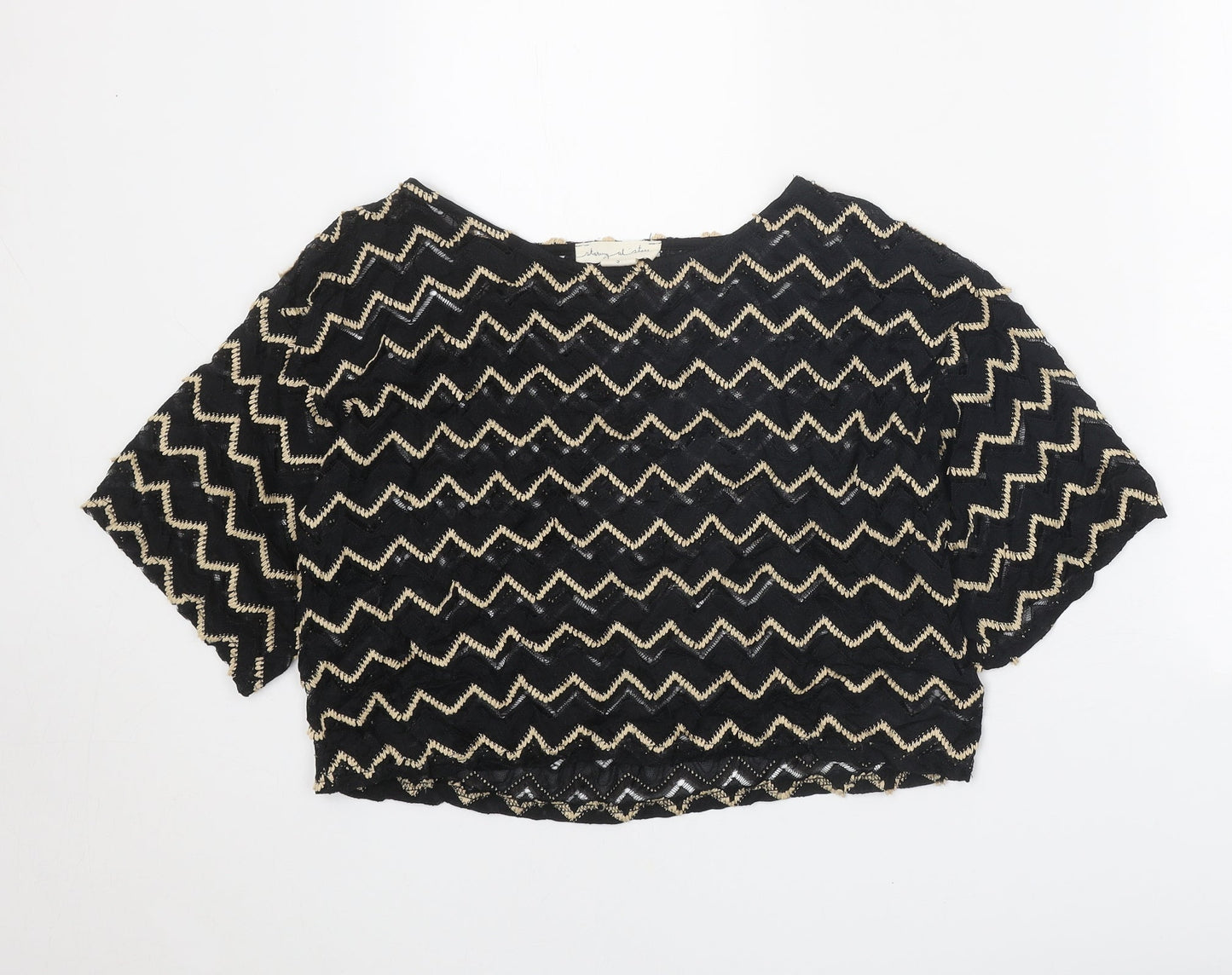 Staring at Stars Womens Black Geometric Nylon Cropped T-Shirt Size S Boat Neck
