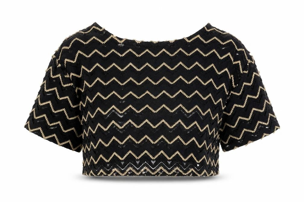 Staring at Stars Womens Black Geometric Nylon Cropped T-Shirt Size S Boat Neck