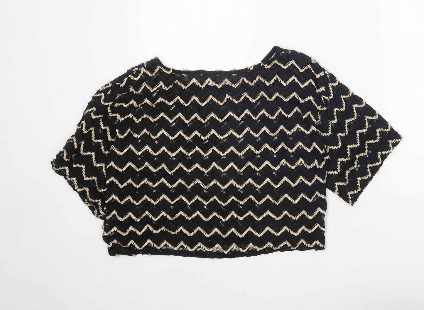 Staring at Stars Womens Black Geometric Nylon Cropped T-Shirt Size S Boat Neck