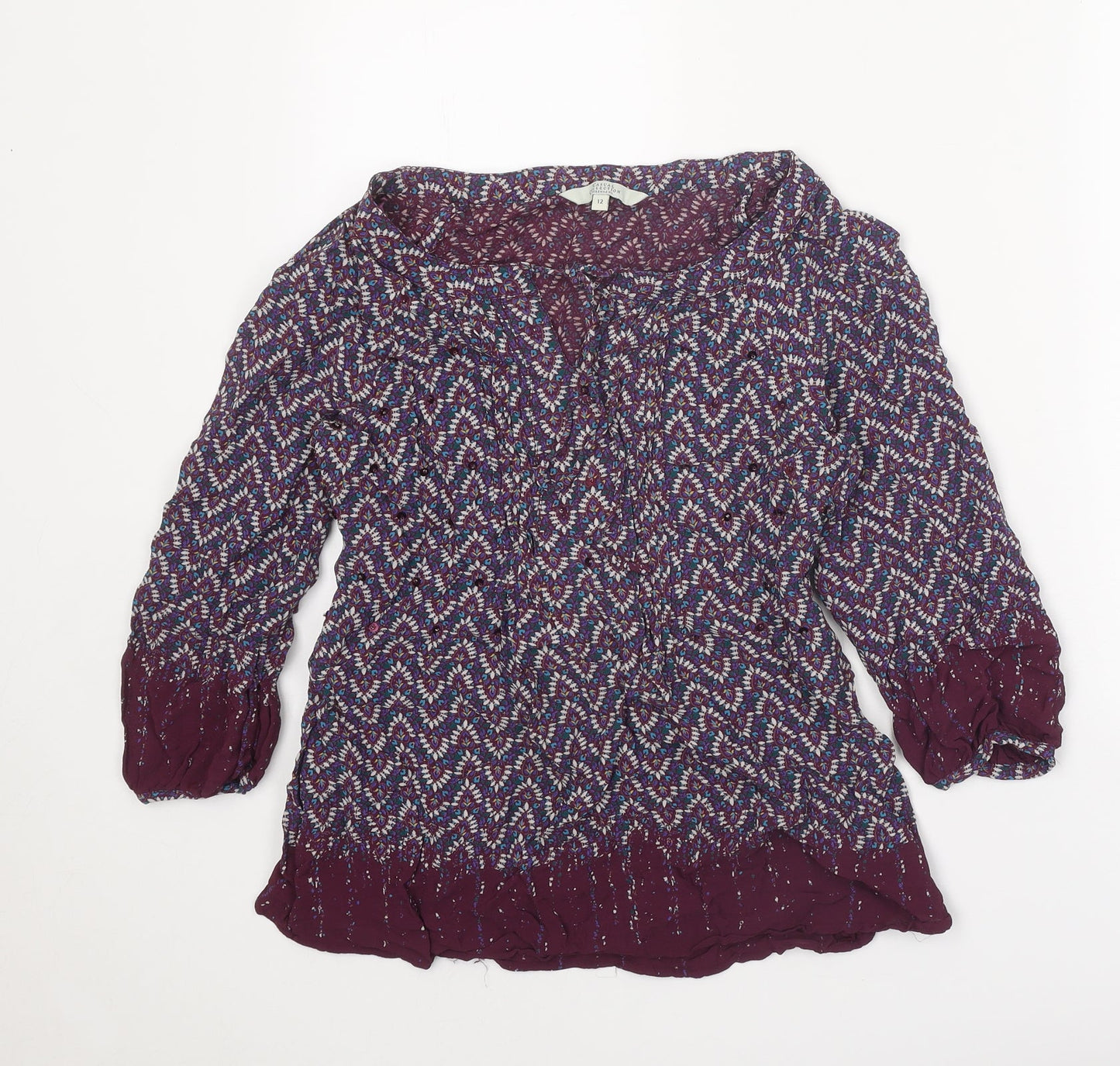 Casual Collection Womens Purple Geometric Viscose Basic Blouse Size 12 Round Neck