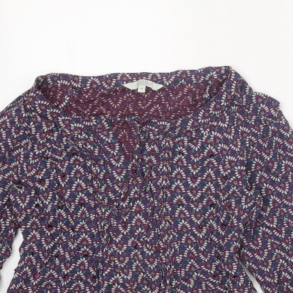 Casual Collection Womens Purple Geometric Viscose Basic Blouse Size 12 Round Neck
