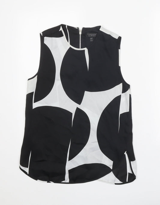 Topshop Womens Black Geometric Polyester Basic Tank Size 8 Round Neck