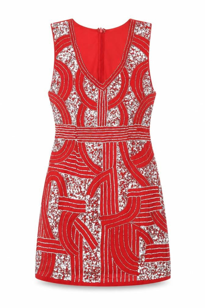 Maya Deluxe Womens Red Geometric Polyester A-Line Size 10 V-Neck Zip