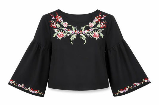 Miss Selfridge Womens Black Floral Polyester Cropped Blouse Size 4 Scoop Neck