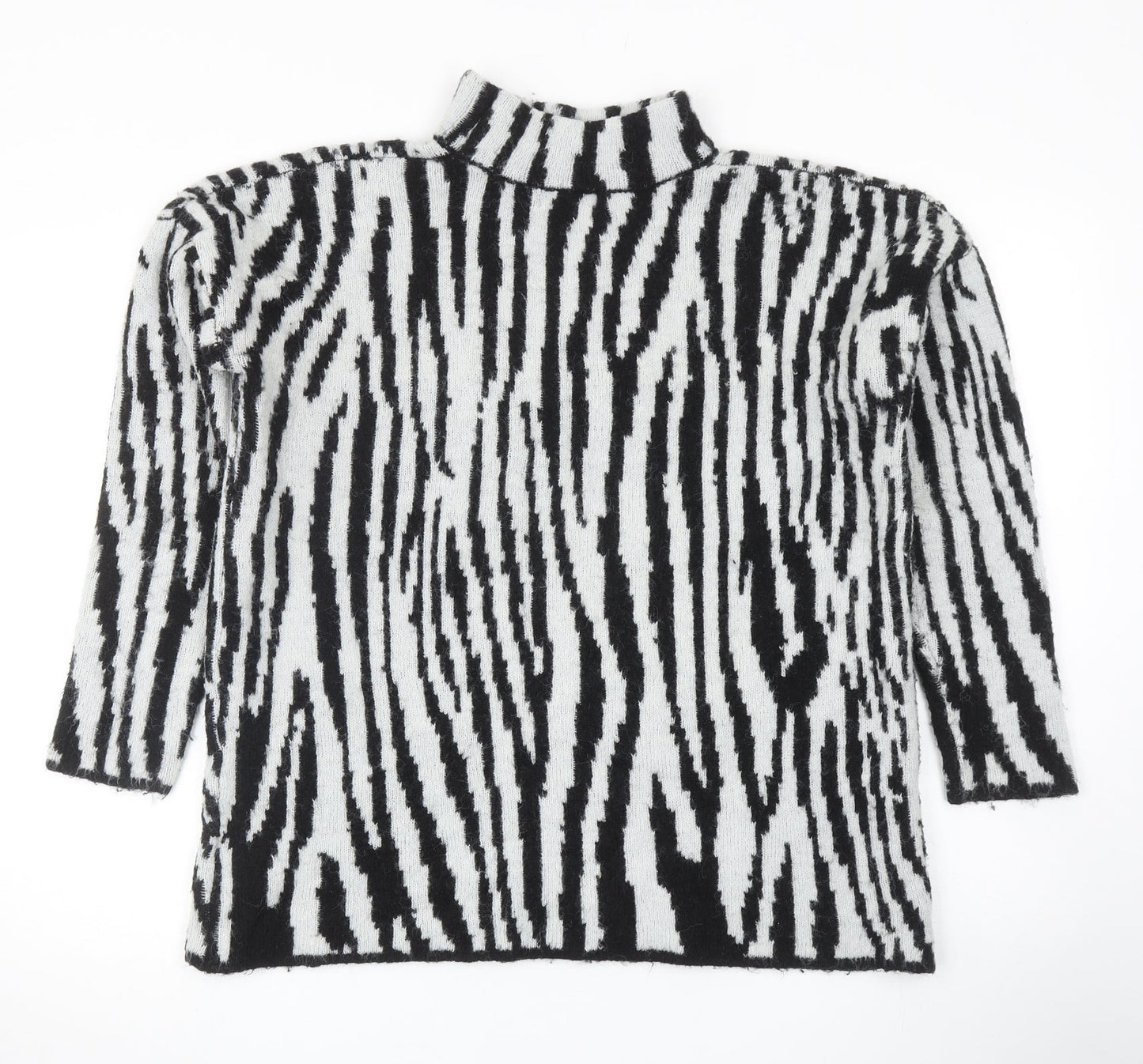 Warehouse Womens Black Mock Neck Animal Print Acrylic Pullover Jumper Size 8 - Zebra Pattern