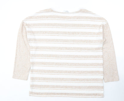 Nutmeg Womens Beige Striped Polyester Basic Blouse Size 12 Scoop Neck