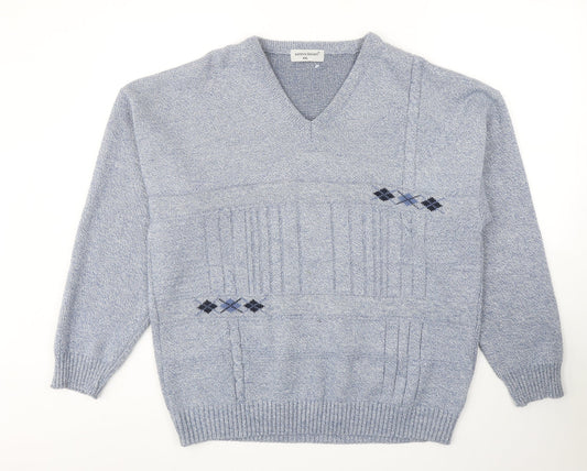 Bannockburn Mens Blue V-Neck Argyle/Diamond Acrylic Pullover Jumper Size 2XL Long Sleeve