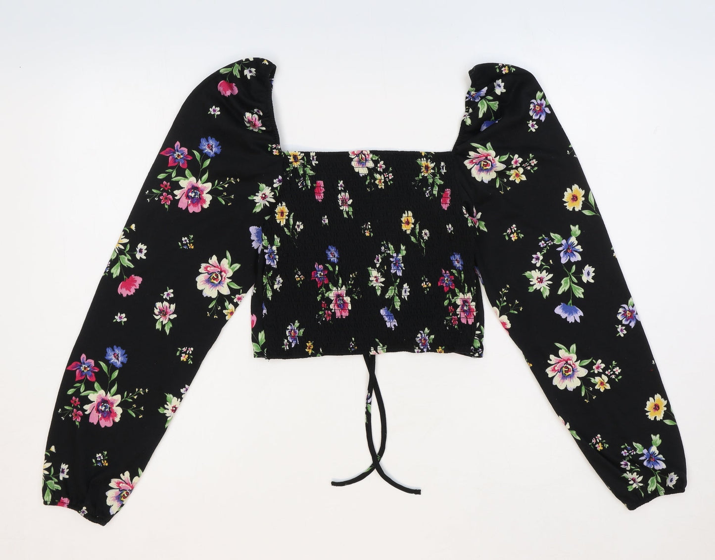 Preworn Womens Black Floral Polyester Cropped Blouse Size M Sweetheart - Front Ruched