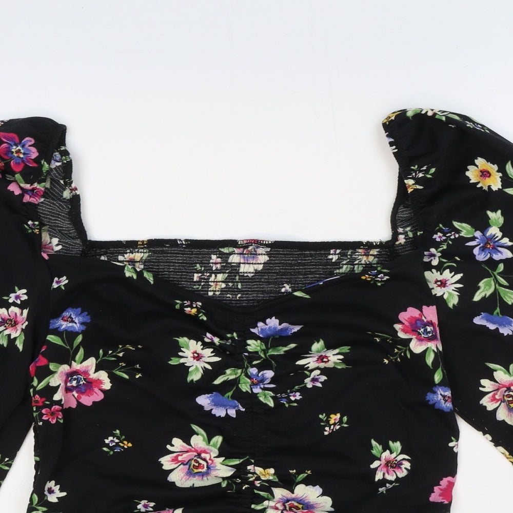 Preworn Womens Black Floral Polyester Cropped Blouse Size M Sweetheart - Front Ruched