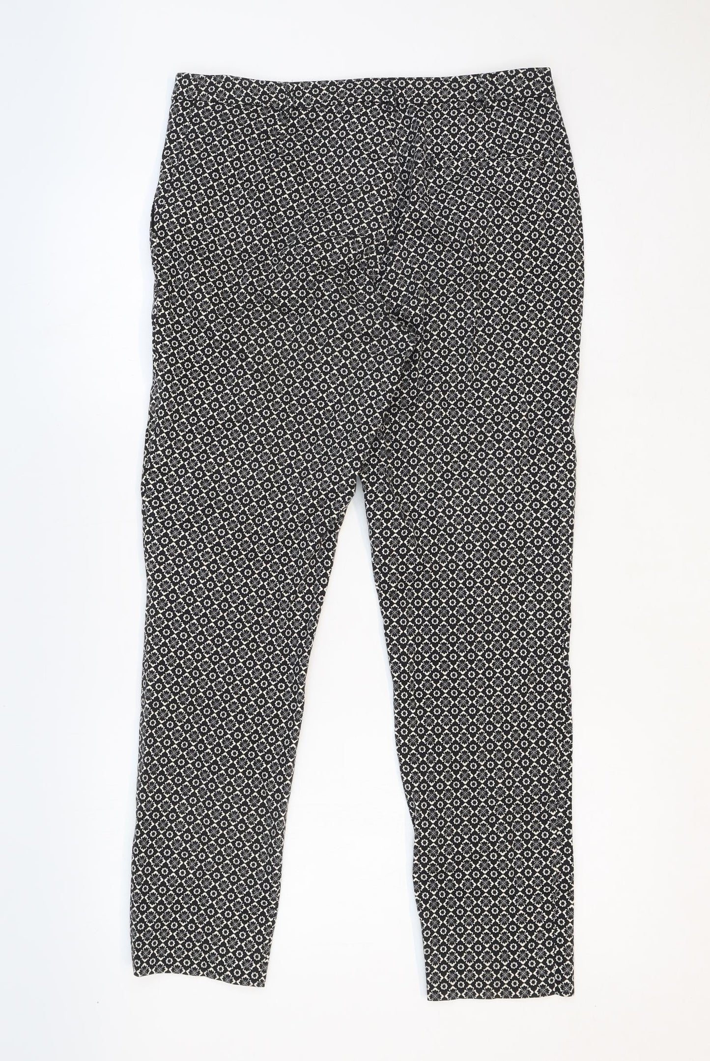 Oasis Womens Black Geometric Cotton Trousers Size 10 Regular Zip