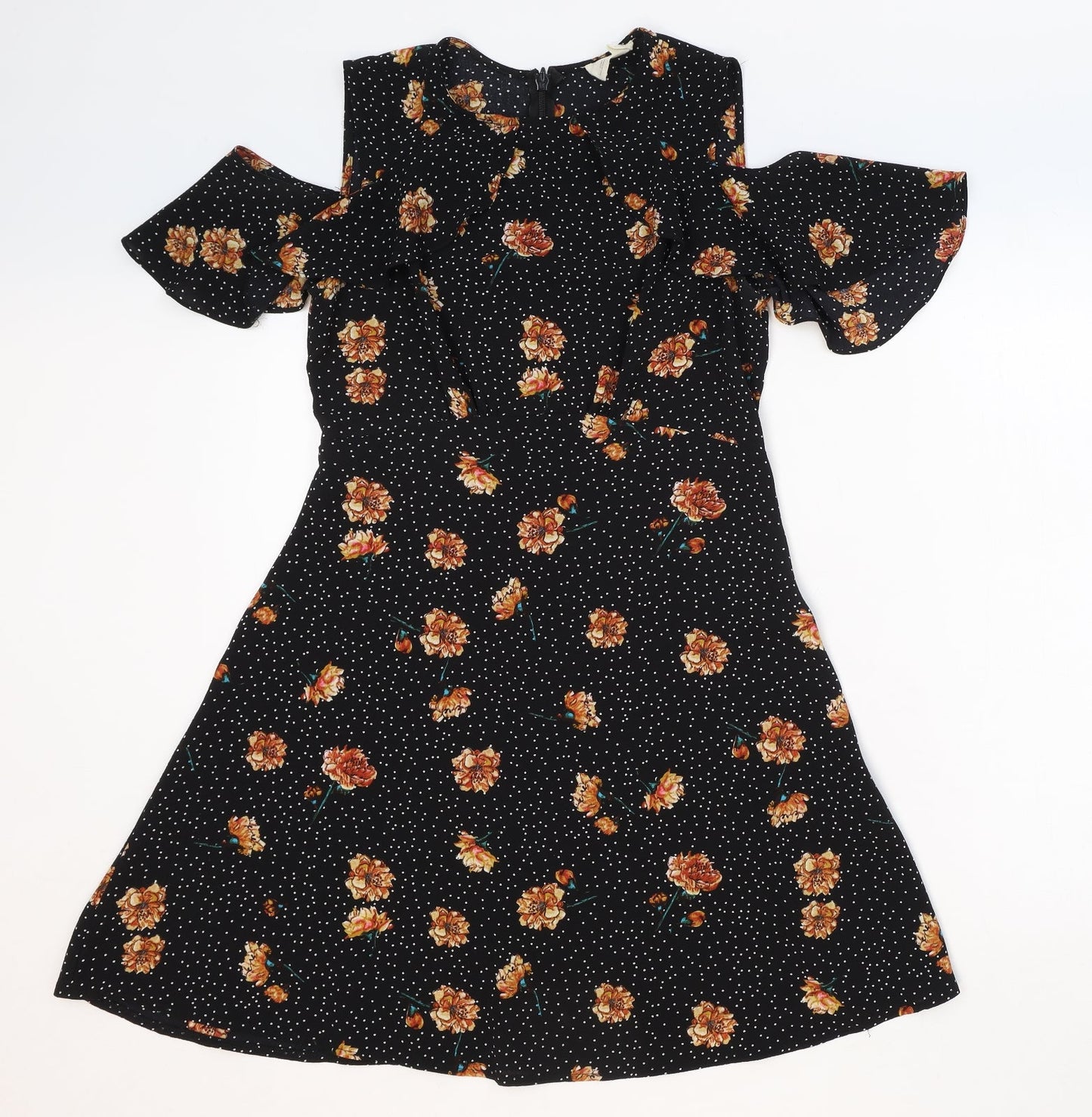 Pins & Needles Womens Black Floral Polyester Fit & Flare Size M Round Neck Zip - Cold Shoulder