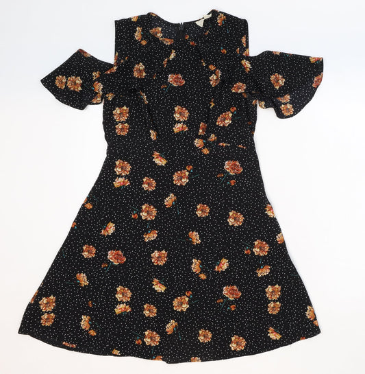 Pins & Needles Womens Black Floral Polyester Fit & Flare Size M Round Neck Zip - Cold Shoulder