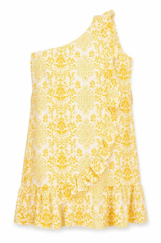SHEIN Womens Yellow Floral Polyester Trapeze & Swing Size XL One Shoulder Zip