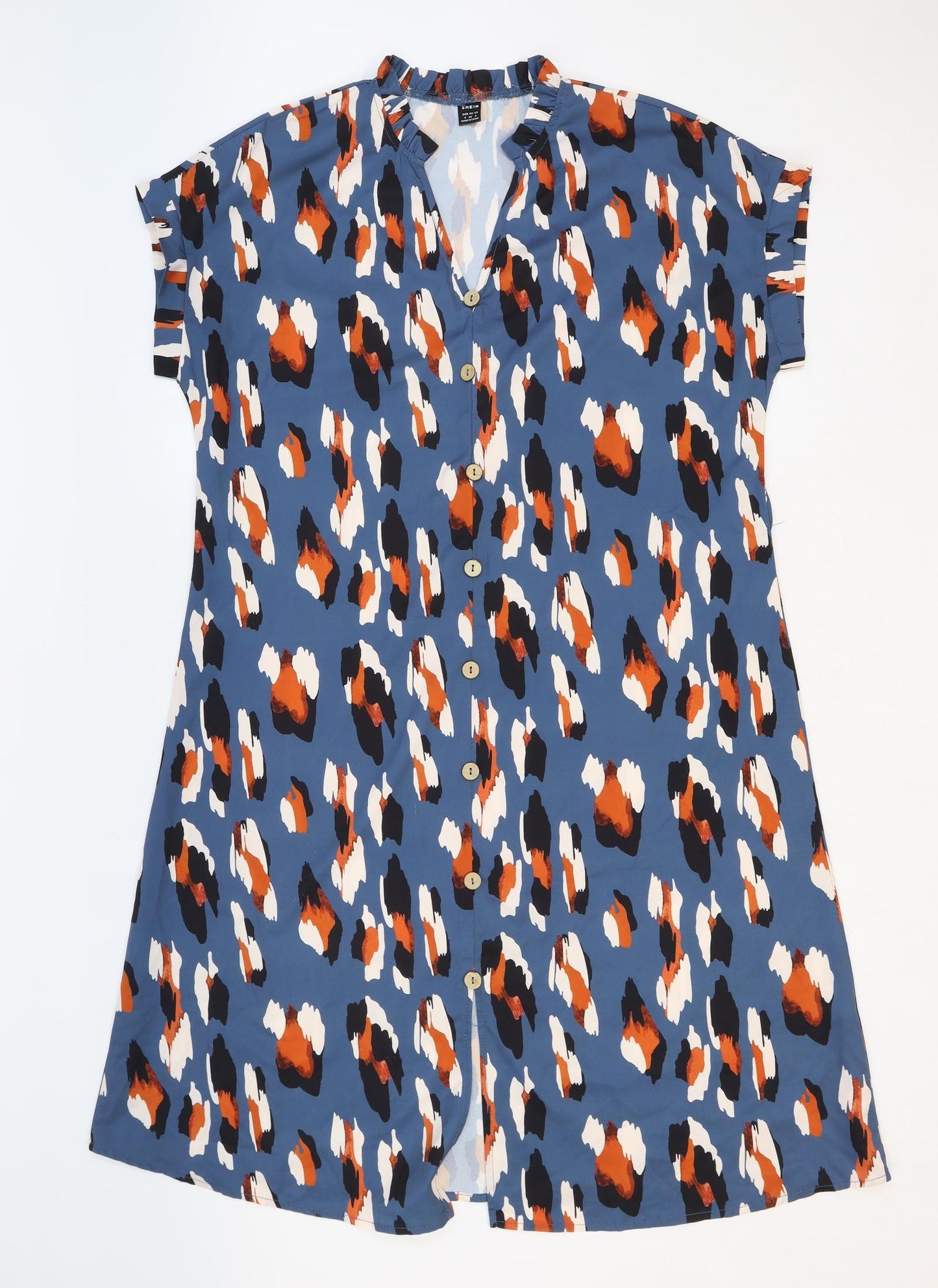 SheIn Womens Blue Geometric Polyester A-Line Size S V-Neck Button