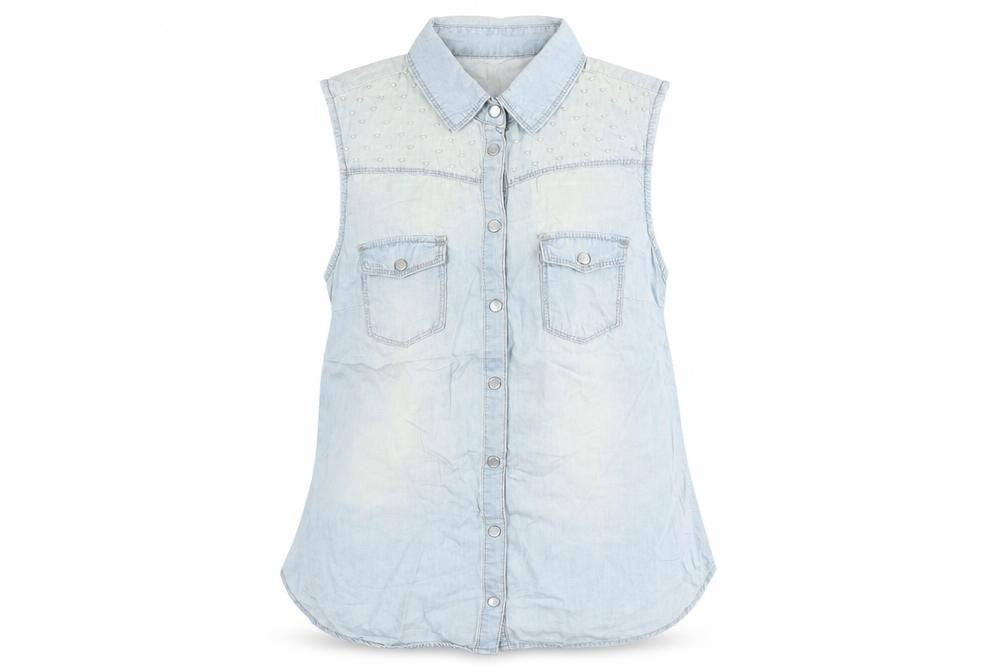 DP Womens Blue Cotton Basic Button-Up Size 10 Collared - Pearl Detail