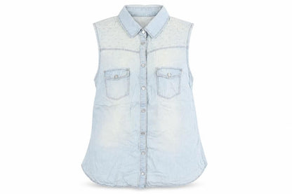 DP Womens Blue Cotton Basic Button-Up Size 10 Collared - Pearl Detail