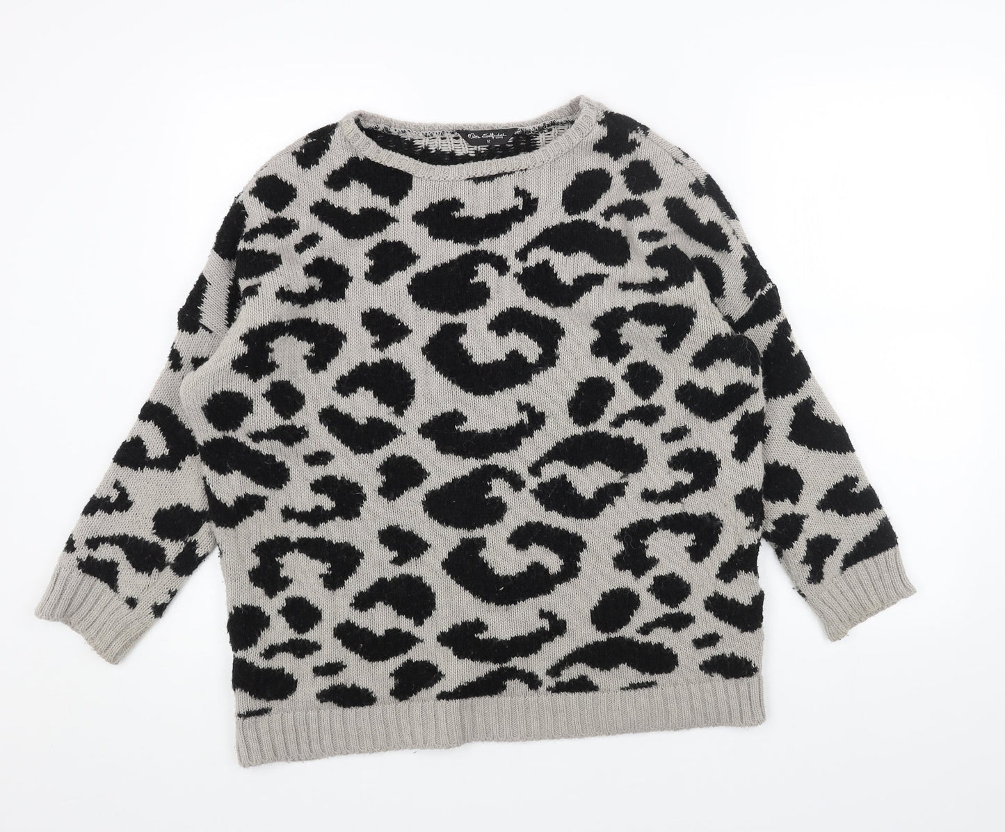 Miss Selfridge Womens Grey Round Neck Animal Print Acrylic Pullover Jumper Size 12 - Leopard Pattern