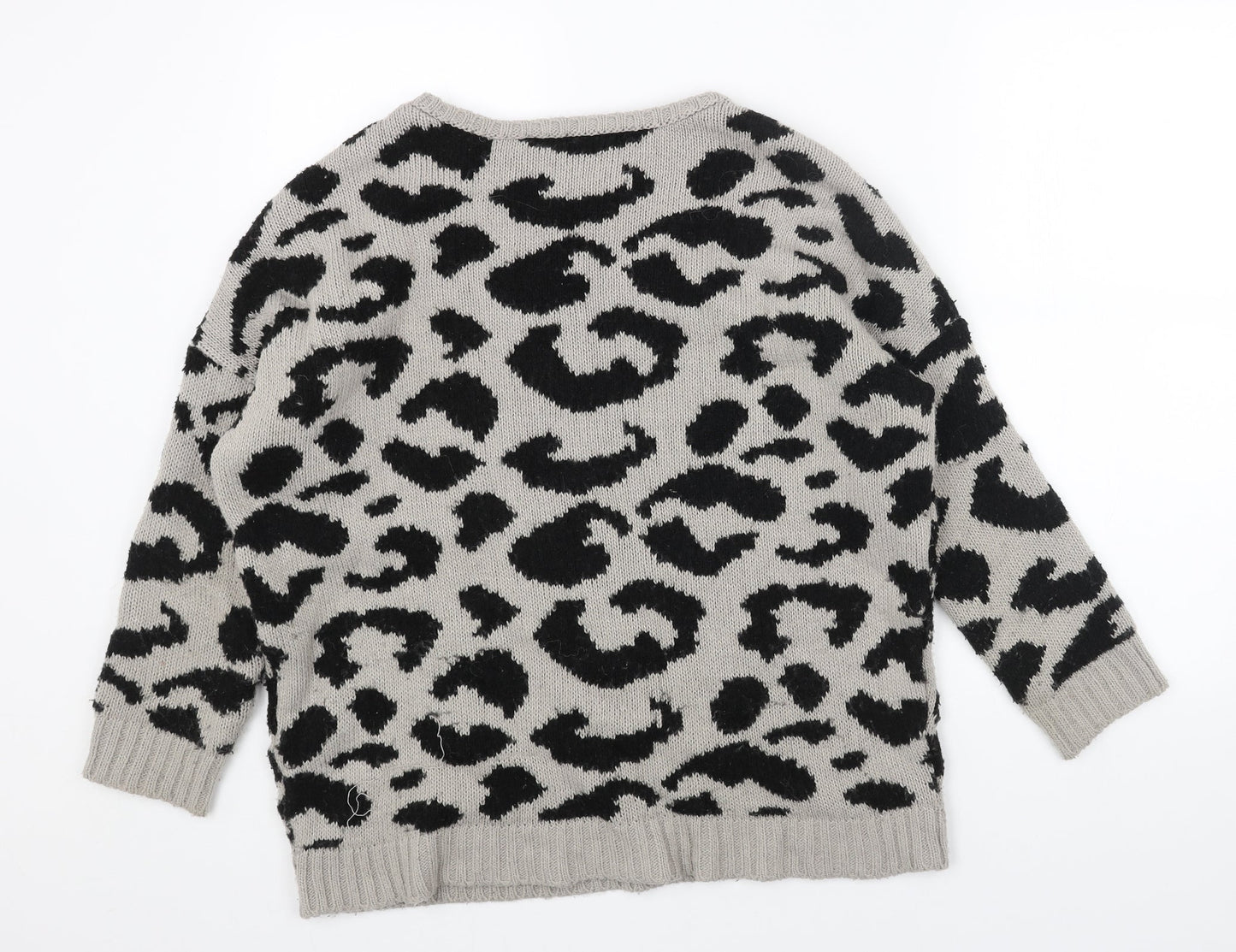 Miss Selfridge Womens Grey Round Neck Animal Print Acrylic Pullover Jumper Size 12 - Leopard Pattern