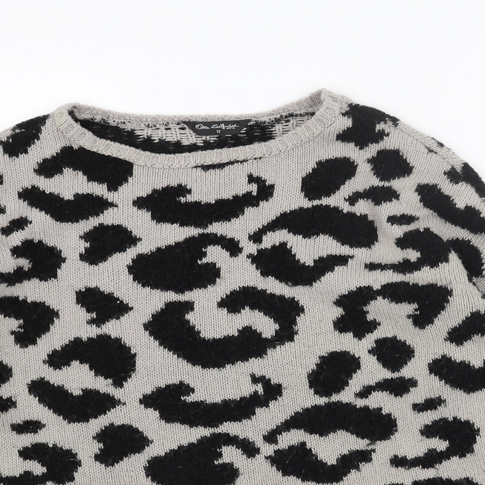 Miss Selfridge Womens Grey Round Neck Animal Print Acrylic Pullover Jumper Size 12 - Leopard Pattern