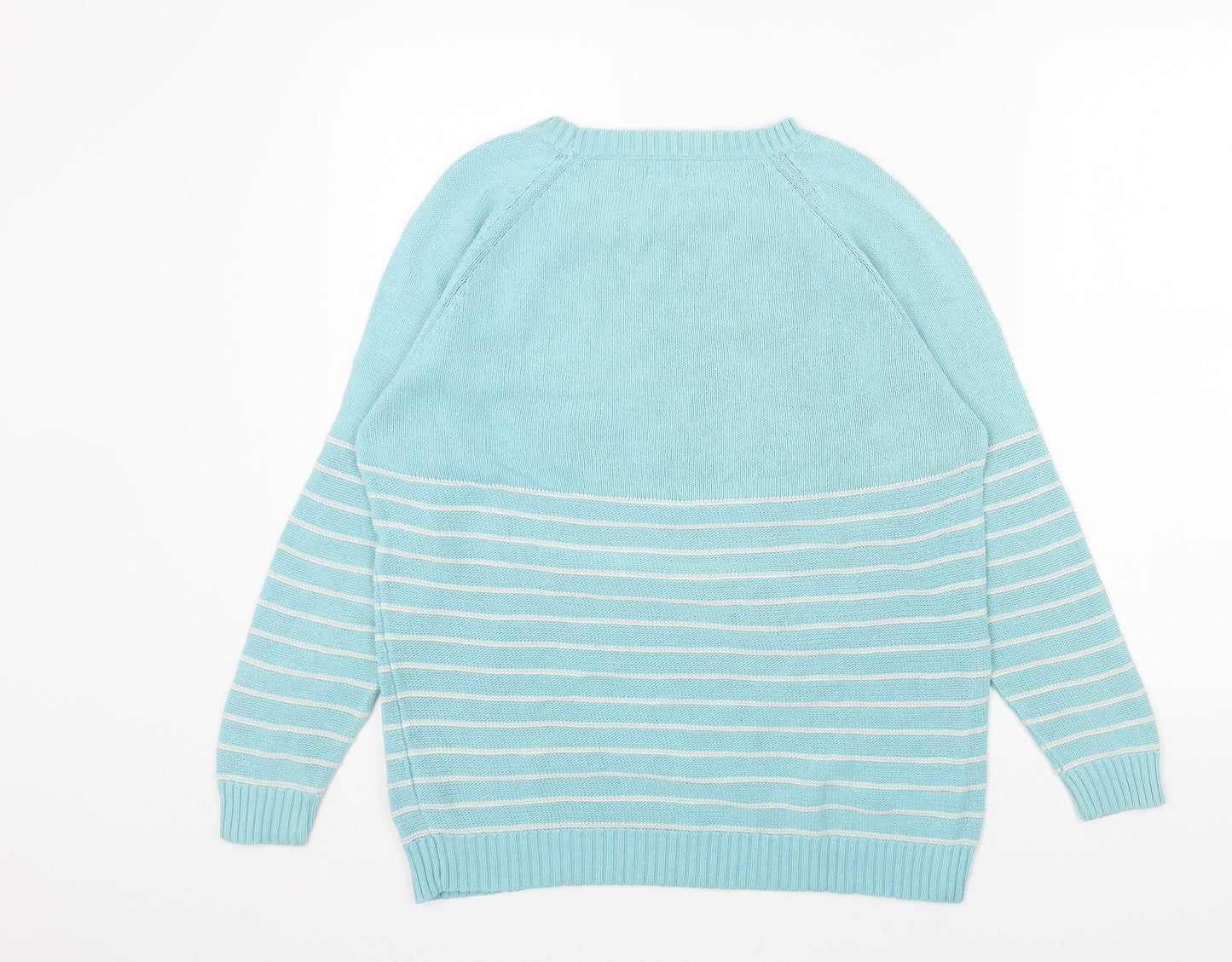 Cotton Traders Womens Blue Round Neck Striped Cotton Pullover Jumper Size 10 - Flower Pattern Size 10-12