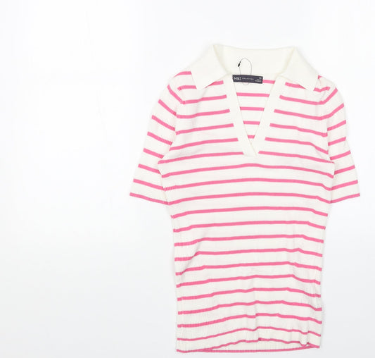 Marks and Spencer Womens Pink V-Neck Striped Viscose Pullover Jumper Size S
