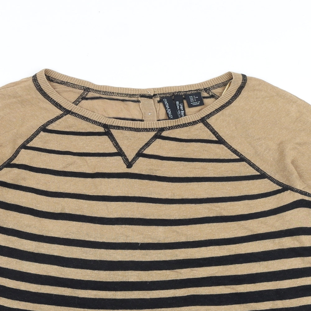 Cynthia Rowley Womens Brown Striped Viscose Basic T-Shirt Size L Round Neck