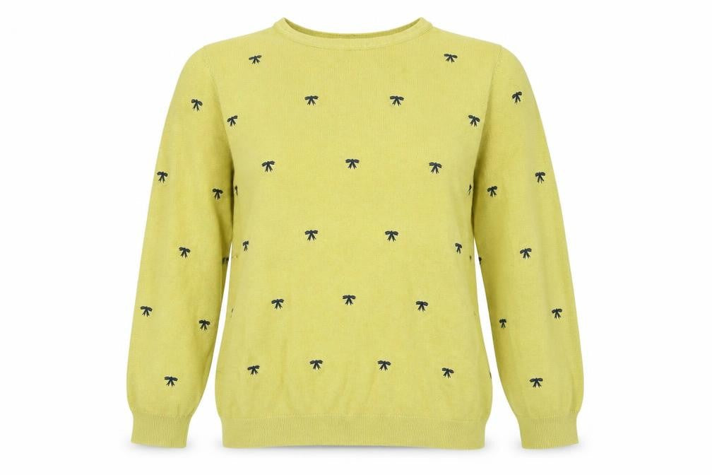 Text Womens Green Round Neck Geometric Acrylic Pullover Jumper Size L - Bow Pattern