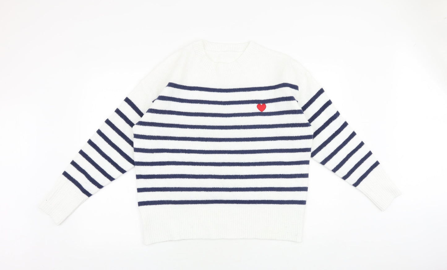 SheIn Womens White Round Neck Striped Acrylic Pullover Jumper Size L - Heart Detail