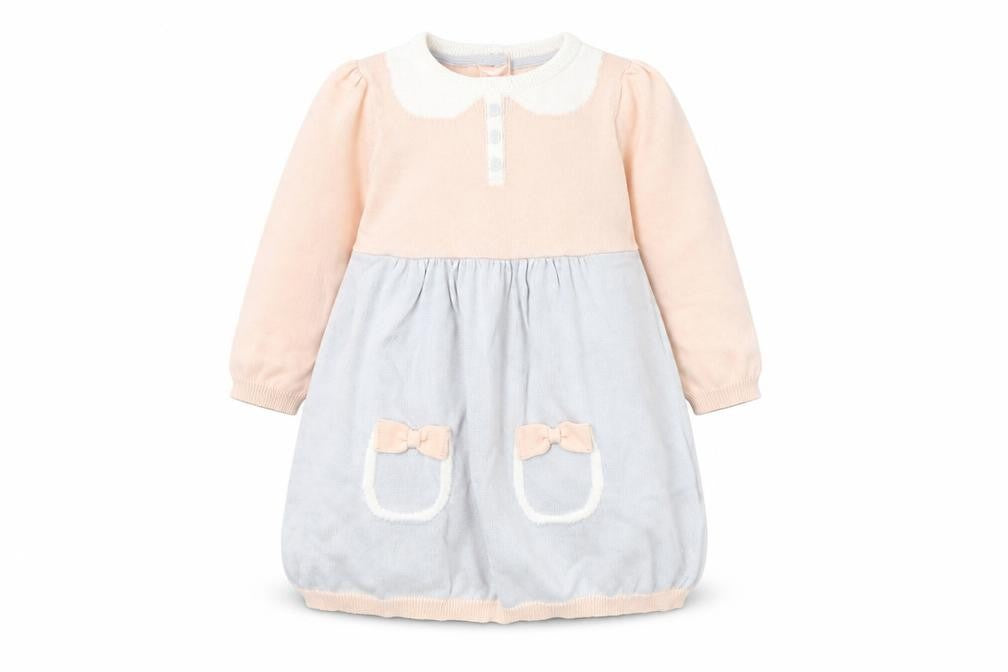 Marks & Spencer Baby Grey Colourblock 100% Cotton Jumper Dress Size 9-12 Months Round Neck Button